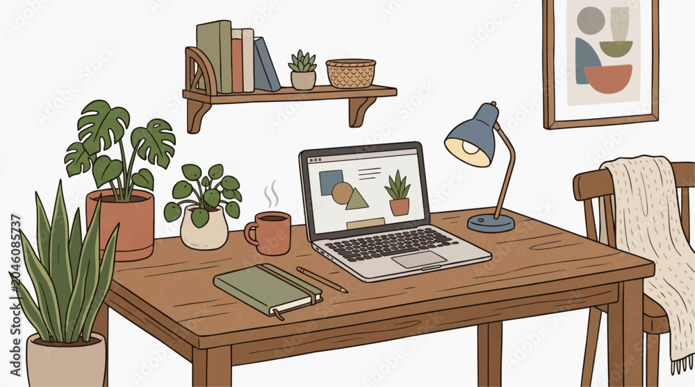 Fototapeta premium A cozy home office setup with a wooden desk, laptop, lamp, plants, and books, perfect for remote work or study