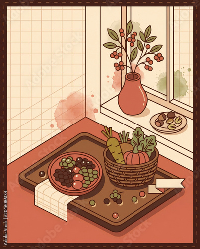 Cozy autumn window interior illustration with berries bowl vase and natural light in warm terracotta tones for seasonal lifestyle [copy space]