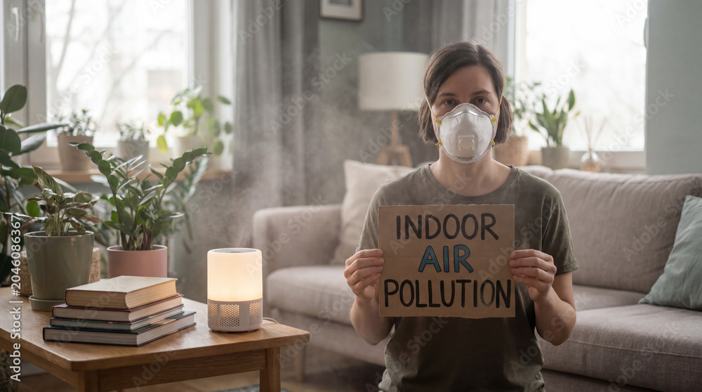 Obraz premium Woman in a protective mask in her polluted home, holding a sign about indoor air pollution with a humidifier on the table