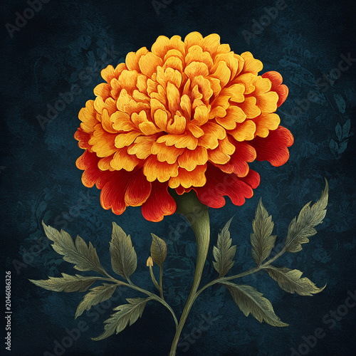 Marvelous Marigold blooms with vibrant colors and detailed leaves in dark background