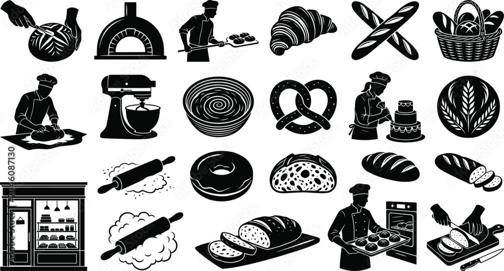Obraz premium Baking and bakery vector icon set featuring bakers bread loaf croissants rolling pins storefront and baking equipment silhouettes