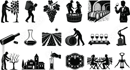 Schilderij op canvas Black and white winemaking icons set featuring vineyard harvesting grape crushin