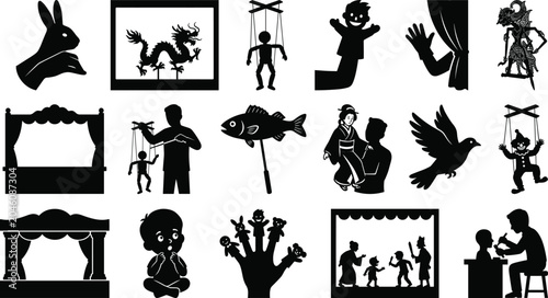 Foto Vector silhouette icons set of puppetry and puppet theater elements including shadow puppets, marionettes, hand puppets, and stage performances