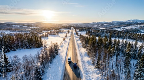 Aerial view of a car driving on a snowy road through a winter forest at sunset.