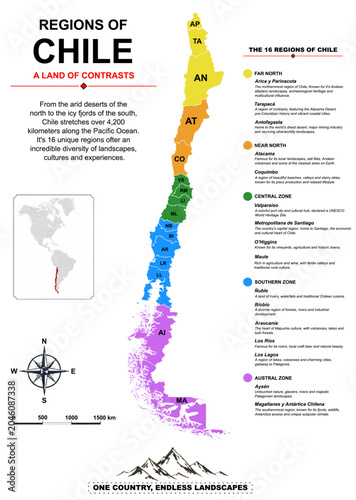 Photos Chile Regions Map – Educational Geographic Illustration of the 16 Administrative