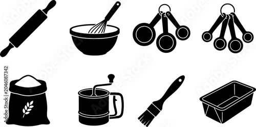 Tableau sur toile Baking supplies and pastry making tools black silhouette icons