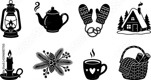 Obraz na płótnie Lantern steaming teapot cozy mittens winter cabin candle pine cone hot drink ill