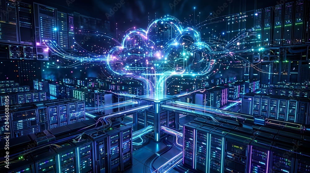 Fototapeta premium Digital Cloud Computing Network Server Room Data Center Technology