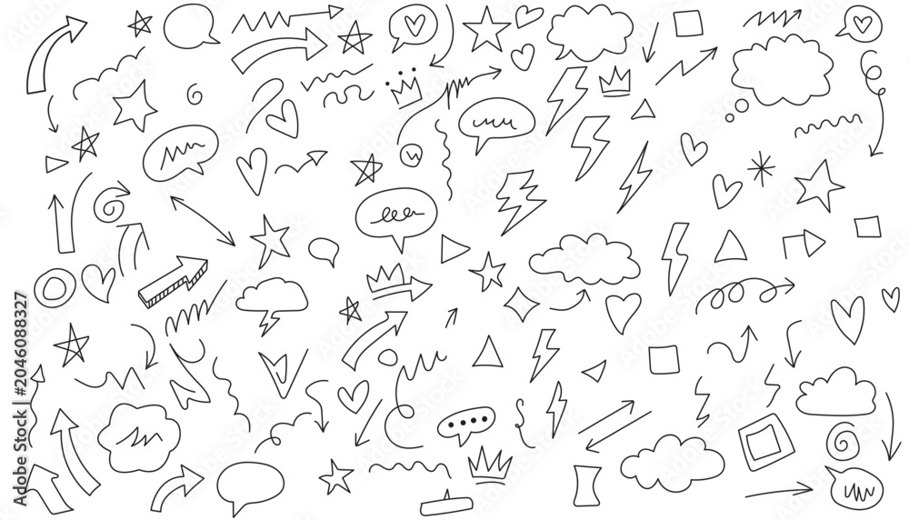 Fototapeta premium Hand drawn doodle elements on a white background with arrows stars and hearts