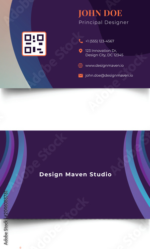 Modern corporate business card vector template with abstract purple wavy curves and QR code display