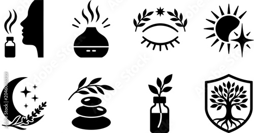 Canvas Print Aromatherapy and self-care symbols black vector icons