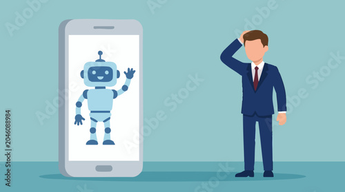 Photos Businessman interacting with AI chatbot on smartphone, concept of confusion