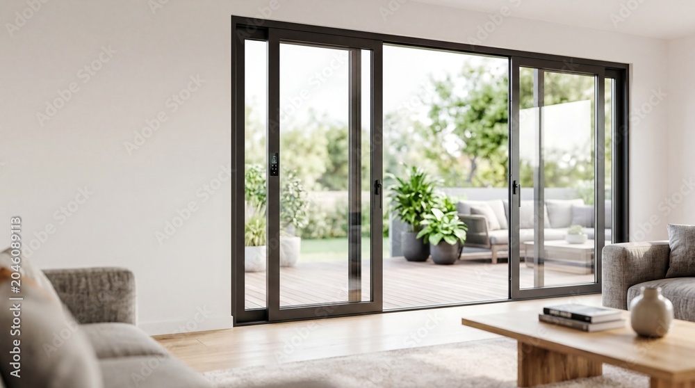 Fototapeta premium Modern Smart Sliding Glass Doors in Minimalist Living Room for Home Automation Banner