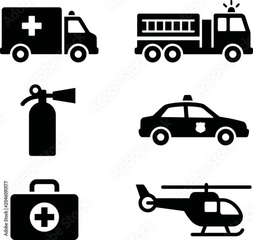 Emergency services icon set silhouettes with emergency
