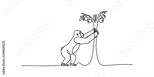 Photography Gorilla holding onto a tree branch with fruit, drawn in a single continuous line