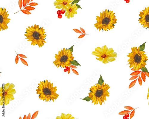 Watercolor autumn seamless pattern with set sunflowers and yellow flowers
