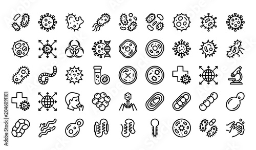 Minimalist Pathogen and Germ Line Icon Set for Medical Science and Microbiology Vector Illustration