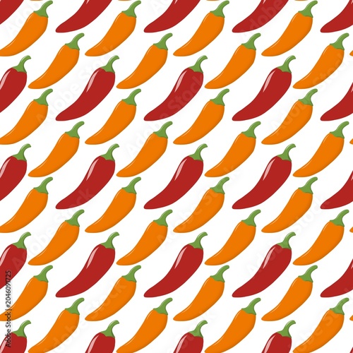 A seamless pattern featuring rows of red and orange chili peppers on a crisp white background.