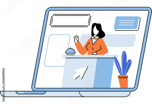 Female receptionist at a desk on a laptop screen vector illustration. Online booking, hotel reservation, virtual concierge, support, hospitality, travel. Concierge staff at a counter