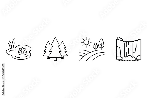 Natural park landscape scenery line elements including pond water lily forest field and waterfall icon set.