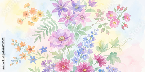 Photos Watercolor Floral Background with Purple Wildflowers, Pink Blossoms, Blue Delphi