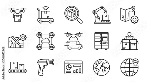 Modern logistics and delivery icons for supply chain management.