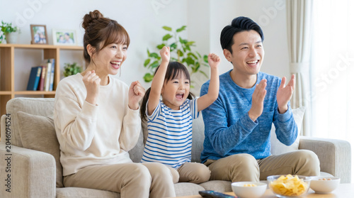 テレビでスポーツ観戦をしてリビングで熱狂しながら応援する笑顔の家族