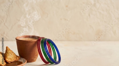 Steaming cup of masala chai in a clay kulhad with traditional indian bangles and crispy samosas on a rustic textured background