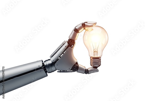 Robotic hand holding a glowing light bulb representing artificial intelligence and new ideas