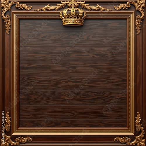 Ornate gilded frame topped with a golden crown over dark wooden background panel