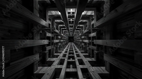 Symmetrical geometric tunnel of dark wooden beams forming a grid-like corridor extending infinitely toward a vanishing point in the center