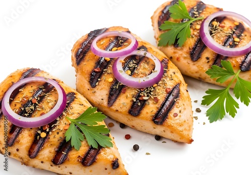 Grilled chicken breast fillets topped with purple onion rings and fresh green parsley herbs