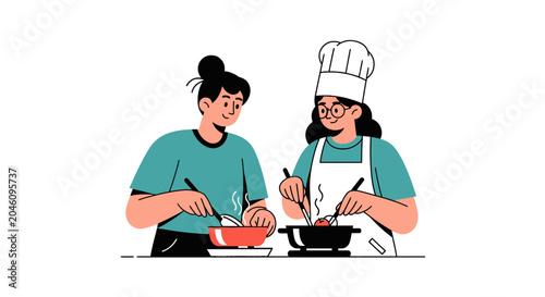 Two people cooking in kitchen together.