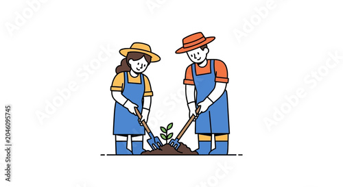 Fotografie Two people digging with shovels together.