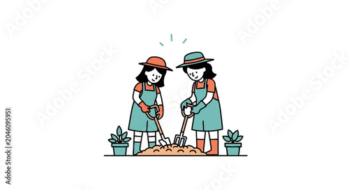 Billede på lærred Two women planting in garden.