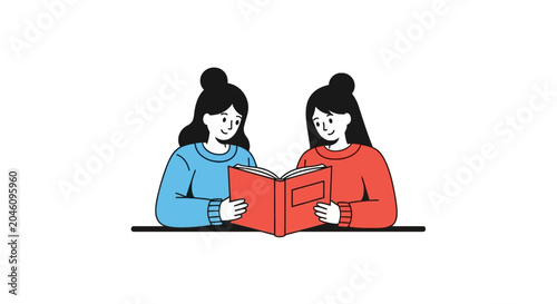 Two women reading a book together.