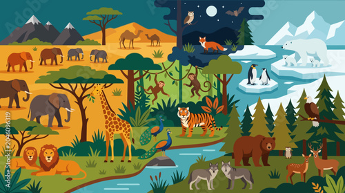 Canvas Print Various animals in their habitats.