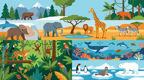 Various animals in their habitats.