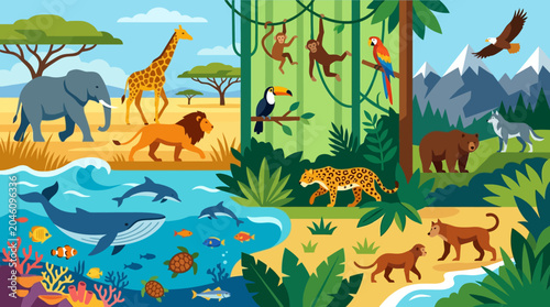 Canvas Print Various Wild Animals in Habitat.