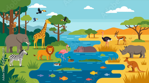 Wild animals gathered around water.