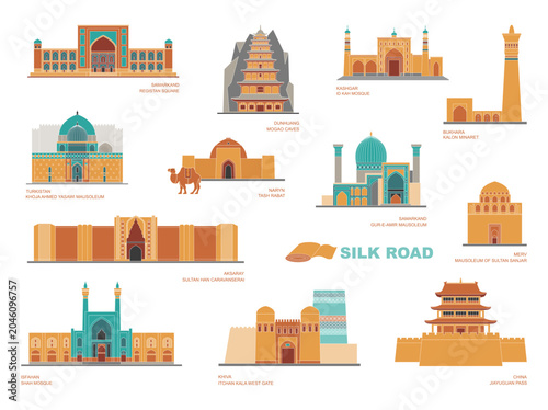 Flat vector collection featuring iconic architectural landmarks across Asia. Historic monuments, mosques, caravanserais, fortresses, and cultural heritage sites illustrated in a clean geometric style 