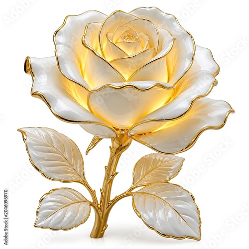 glowing white and gold metallic rose with detailed petals leaves stem and soft illumination from center against white background