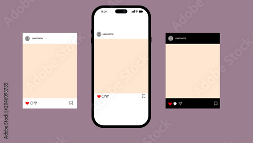 Smartphone mock up surrounded by dark and light theme social media layouts, Mobile device showcasing blank application screen mockups on a pastel background