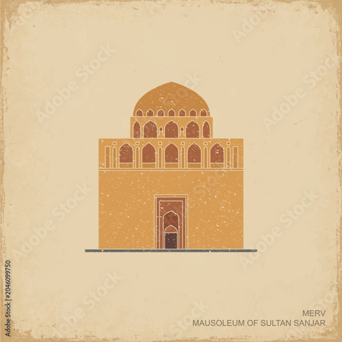 Flat vintage vector illustration of the Mausoleum of Sultan Sanjar in ancient Merv, Turkmenistan. Historic Seljuk architectural landmark of the Silk Road presented in a retro travel poster 