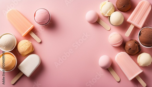 Top view of pale pink background with icecreams and popsicles in pastel colors with central copy space