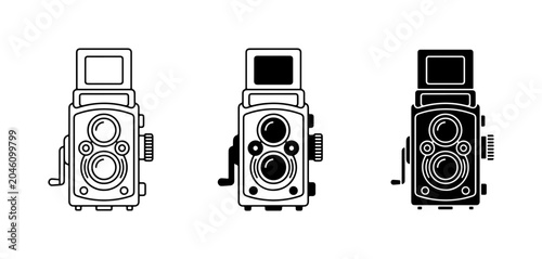Fotografi Vintage Twin Lens Reflex Camera Icons, Retro Photography Equipment Vector Set