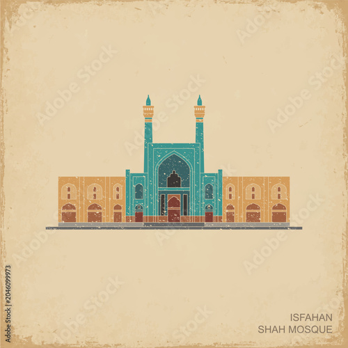 Flat vintage vector illustration of the Shah Mosque in Isfahan, Iran. Iconic masterpiece of Persian Islamic architecture and a renowned Silk Road landmark, presented in a retro travel poster 