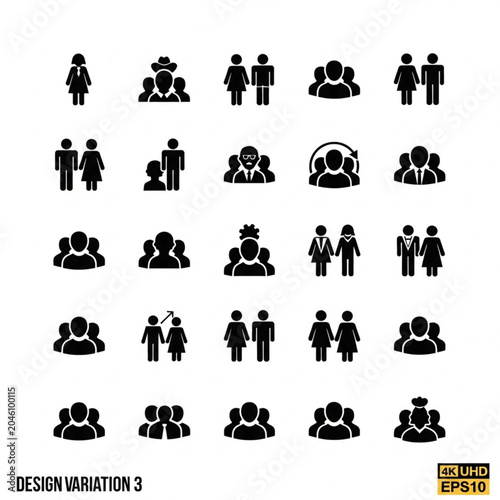 Black Silhouette Icons People Group Variations.
