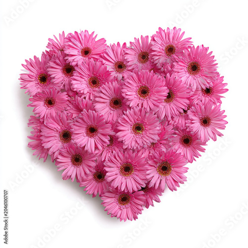 Bouquet of pink daisy flowers arranged in heart shape on white