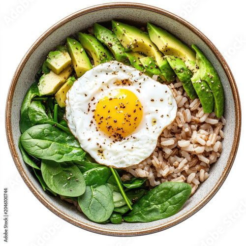 Brown rice bowl with poached egg avocado and fresh spinach leaves